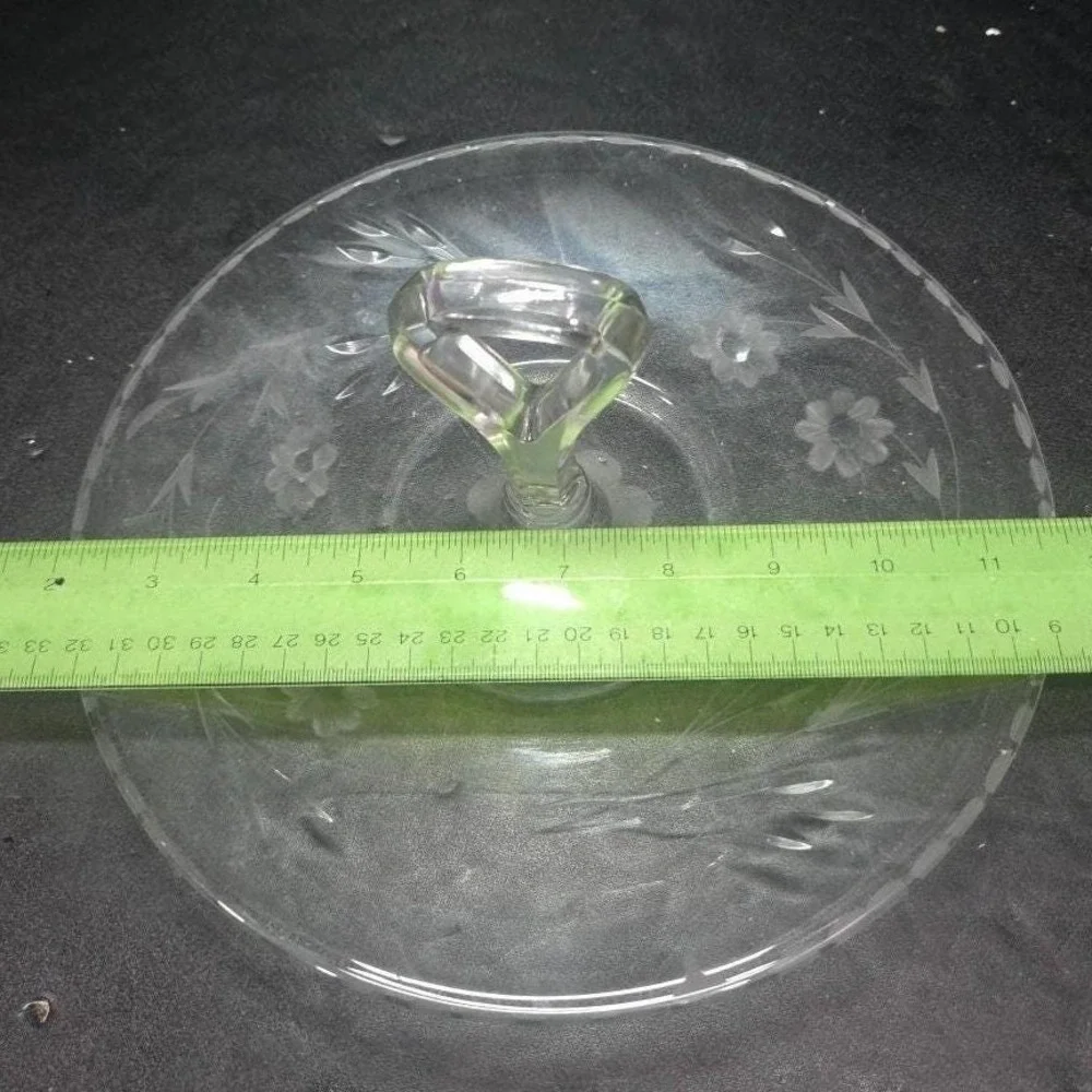 Etched Floral Tidbit Tray, Vintage Center Handle Sandwich Plate, Clear Glassware